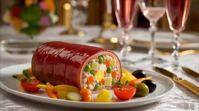 Ternera rellena de ensaladilla rusa. Mayonesa de atún.
