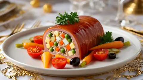 Ternera rellena de ensaladilla rusa. Mayonesa de atún.