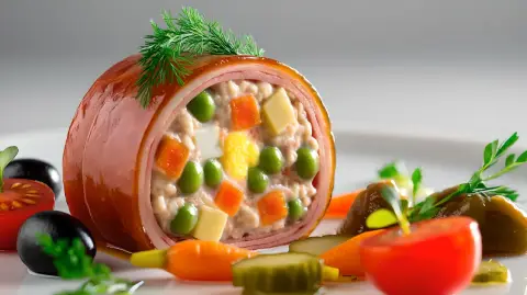 Ternera rellena de ensaladilla rusa. 