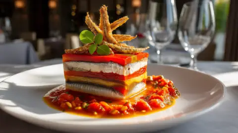 Terrina de escalivada y sardinas marinadas en Bilbaína con vinagreta de avellanas