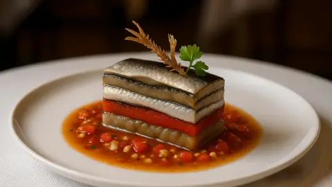 Terrina de escalivada y sardinas marinadas en Bilbaína con vinagreta de avellanas