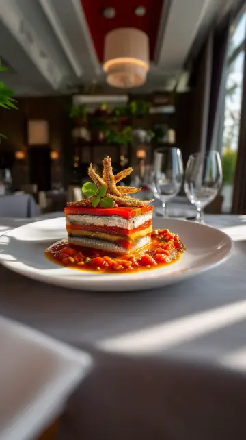 Terrina de escalivada y sardinas marinadas con vinagreta de avellanas