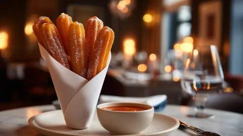 Churros de Patatas bravas rellenas de mayonesa de ajo con salsa brava especiada