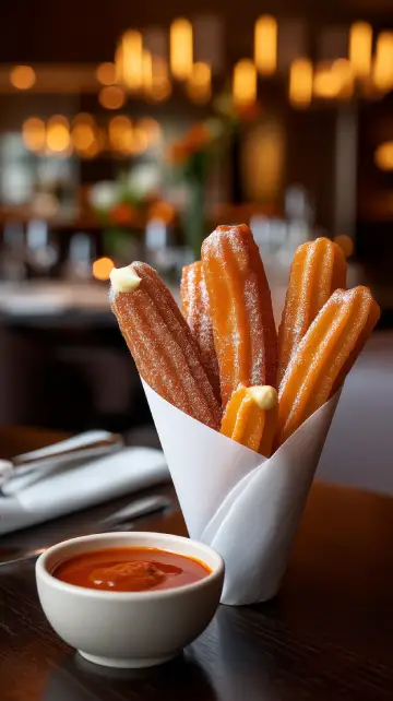 Churros de Patatas bravas rellenas de mayonesa de ajo con salsa brava especiada