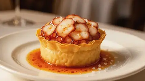 arta cremosa y crujiente de pulpo , salsa de pimentón