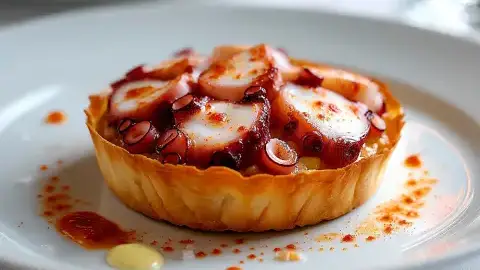 arta cremosa y crujiente de pulpo , salsa de pimentón