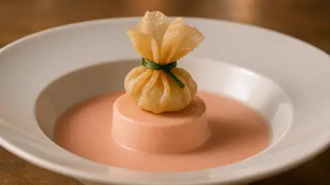 Vichyssoise de cigalas con pannacotta de cigalas y un hatillo relleno de cigalas