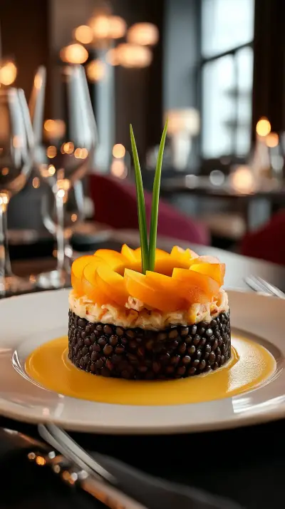 Ensalada de Lentejas Beluga y Buey de Mar con Corona de Melocotón