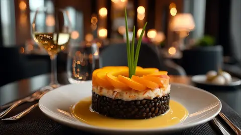 Ensalada de Lentejas Beluga y Buey de Mar con Corona de Melocotón