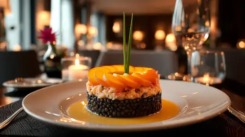 Ensalada de Lentejas Beluga y Buey de Mar con Corona de Melocotón y salsa de Cava