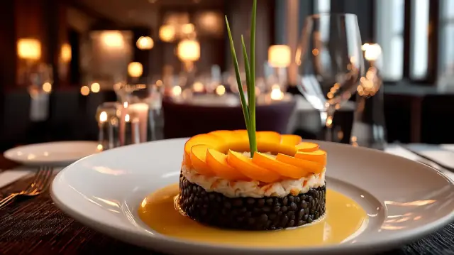 Ensalada de Lentejas Beluga y Buey de Mar con Corona de Melocotón y salsa de cava
