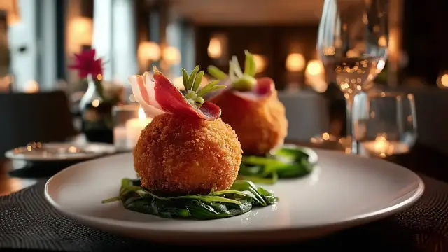 Croquetas de Otoño: Jamón, Espinacas y Piñones formato restaurante
