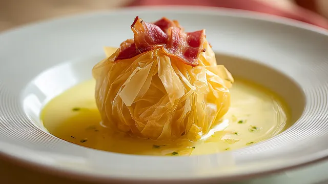 Huevos fritos crujientes y cremosos con jamón en ovillo de pasta filo