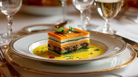 Terrina de verduras y setas. Salsa de coco y curry