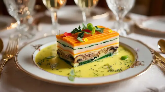 Terrina templada de verduras y setas. Salsa marmolada de coco y curry