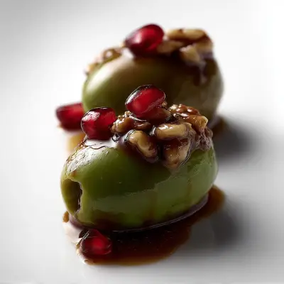Aceitunas rellenas de confit de pato. Nueces y Granada. Square version