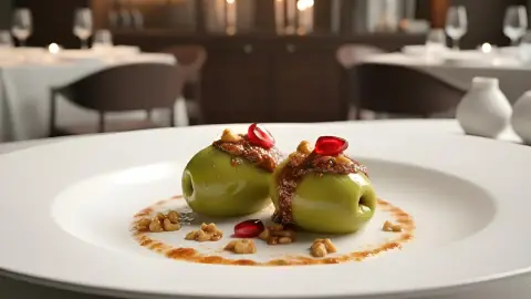 Aceitunas rellenas de confit de pato. Nueces y Granada. Servicio Restaurante