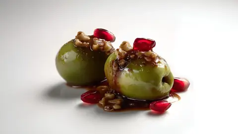 Aceitunas rellenas de confit de pato. Nueces y Granada