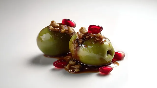 Aceitunas Gordal rellenas de confit de pato. Nueces y Granada