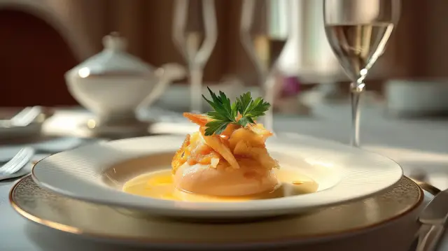 Pastel de pescado de roca, fritura de gambas cristal y salsa Marysol
