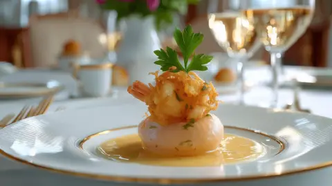 Pastel de pescado de roca, gambas cristal crujiente y salsa Marysol