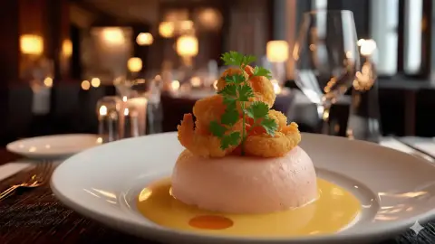 Pastel de pescado de roca, fritura de gambas crista. Salsa Mar y Sol