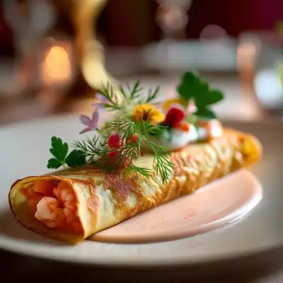 Crepe de Salmón ahumado y langostinos. Salsa Homardine
