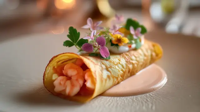 Crepe de Salmón ahumado y langostinos. Salsa Homardine