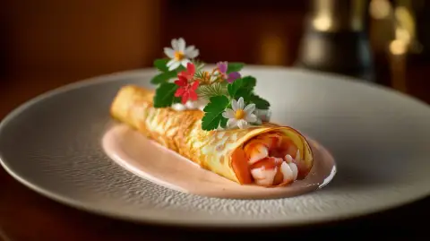 Crepe de Salmón ahumado y langostinos. Salsa Homardine