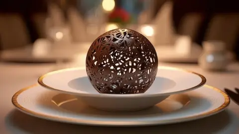 Café, Coco, Choco: Tarta de crema de cafe, ganache de coco y esfera de chocolate enrejada