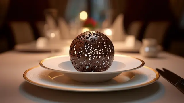 Cafe Coco Y chocolate. Bizcocho y Ganache de coco, crema de Café y esfera de chocolate