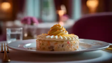 Arroz meloso de verduras, mousse de queso y polvo de naranja