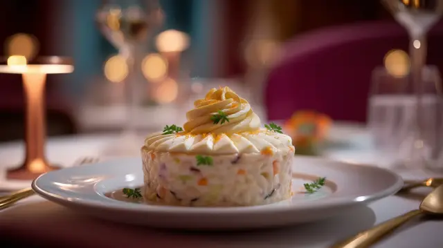 Arroz meloso de verduras, mousse de queso y polvo de naranja