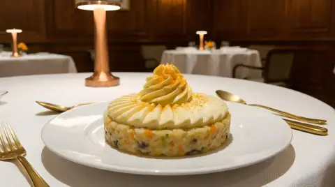 Arroz meloso de verduras, mousse de queso y polvo de naranja