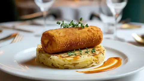 Pollo Cordon Blue, Puré de Patatas, Salsa de Coco y Tandoori