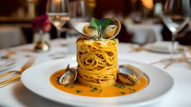 Espaguetis con almejas marinera gratinados con Alioli