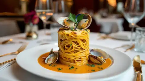 Espaguetis con almejas marinera gratinados con Alioli