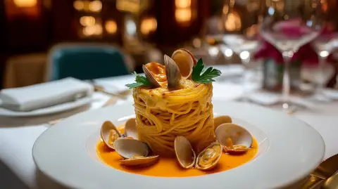 Espaguetis con almejas marinera gratinados con Alioli