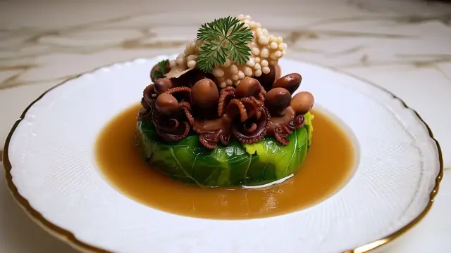 Trinxat de Col y Patata Pulpitos Salteados y Jugo de Cebollas