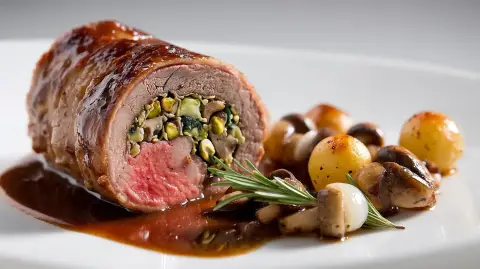 Cordero Lechal Relleno de Setas y Pistachos, receta de Alta Cocina