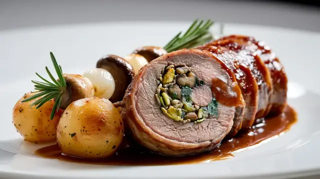 Cordero Lechal Relleno de Setas y Pistachos, Brocheta de patatas y cebollitas