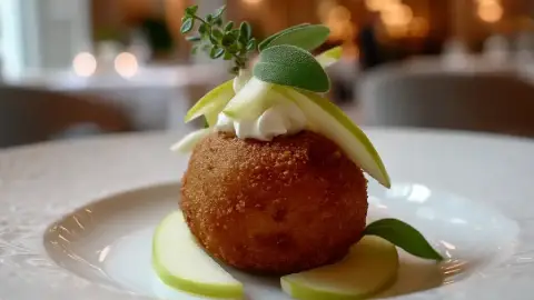Buñuelo de morcilla, crema de manzana al horno y salvia
