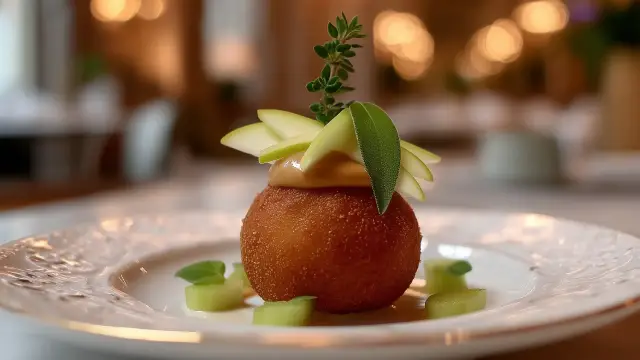 Buñuelo de morcilla, crema de manzana al horno y salvia