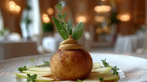 Buñuelo de morcilla, crema de manzana al horno y salvia