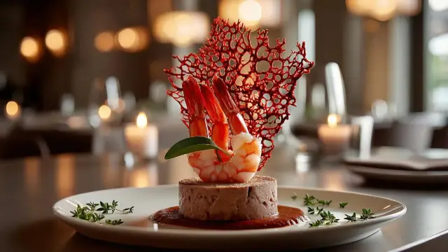 Paté de Berenjena Asada, Gambas desnudas y Salsa de Curry Rojo