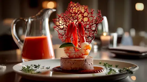 Paté de Berenjena Asada con Gambas y Salsa de Curry Rojo