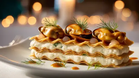 Mejillones en escabeche, mousse de coliflor y gel de lichis