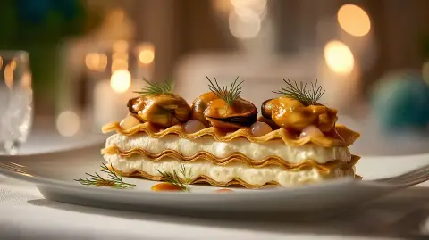 Mejillones en escabeche, mousse de coliflor y gel de lichis