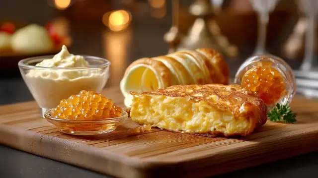 Caviar de cebolla, canutillo de hojaldre relleno de tortilla de patatas