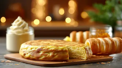Canutillo de hojaldre relleno de tortilla de patatas, cremoso y caviar de cebolla